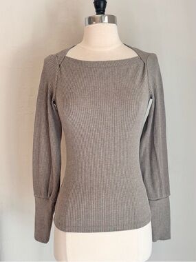 Club Monaco Gathered Sleeve Square Neck Fitted Ribbed Top, Taupe Heather, Sz XS